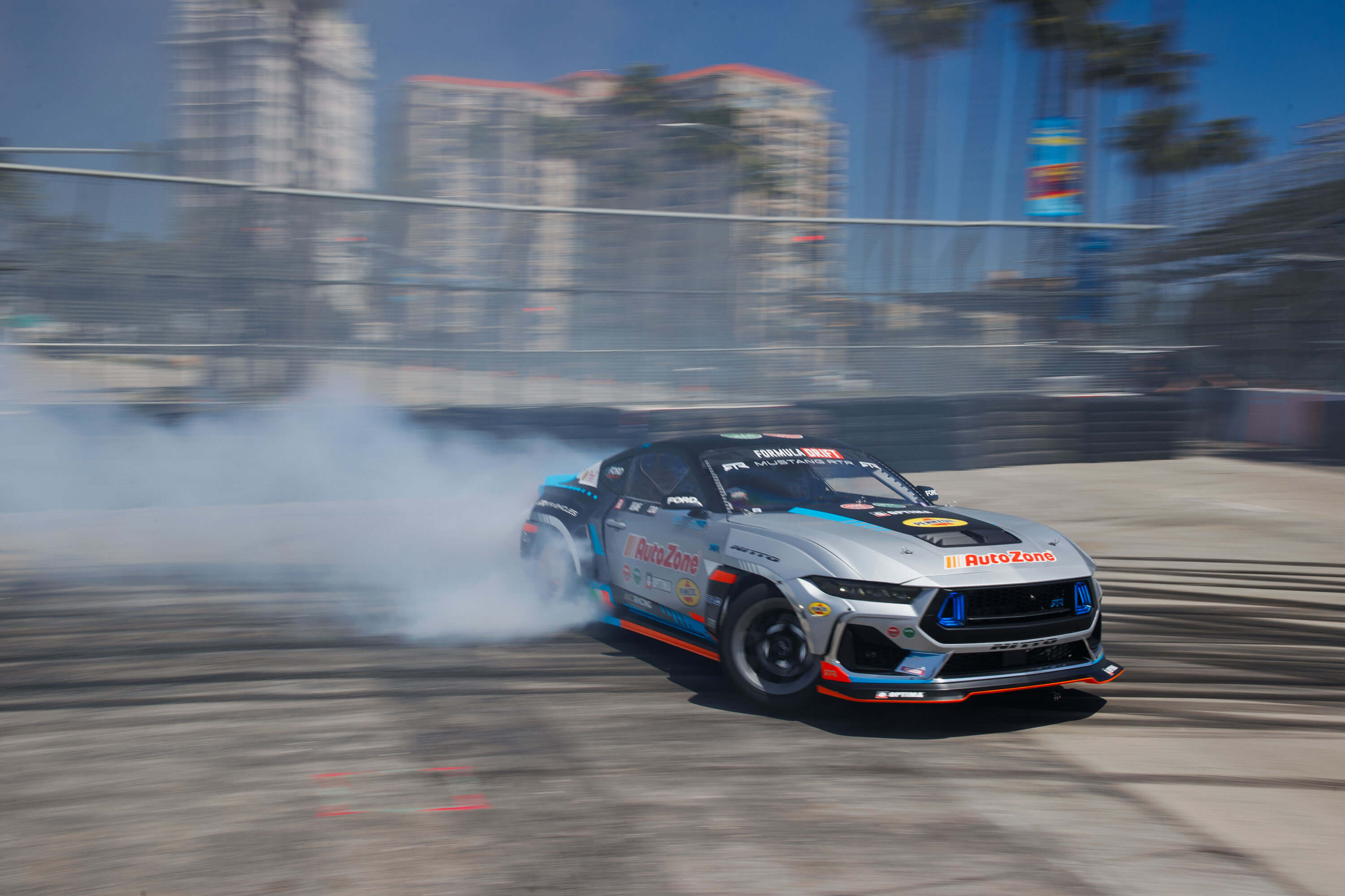 James Deane drifting his Ford Mustang RTR Spec 5-FD at Long Beach