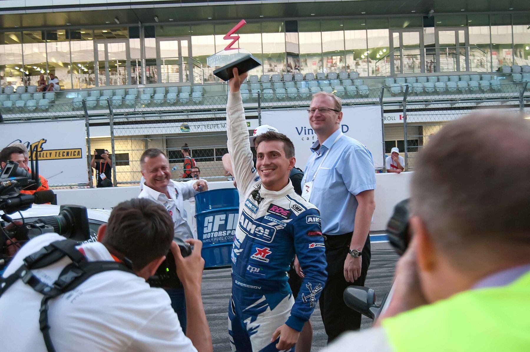 Andrey Pesegov celebrating on the podium at Sochi Autodrom in 2017