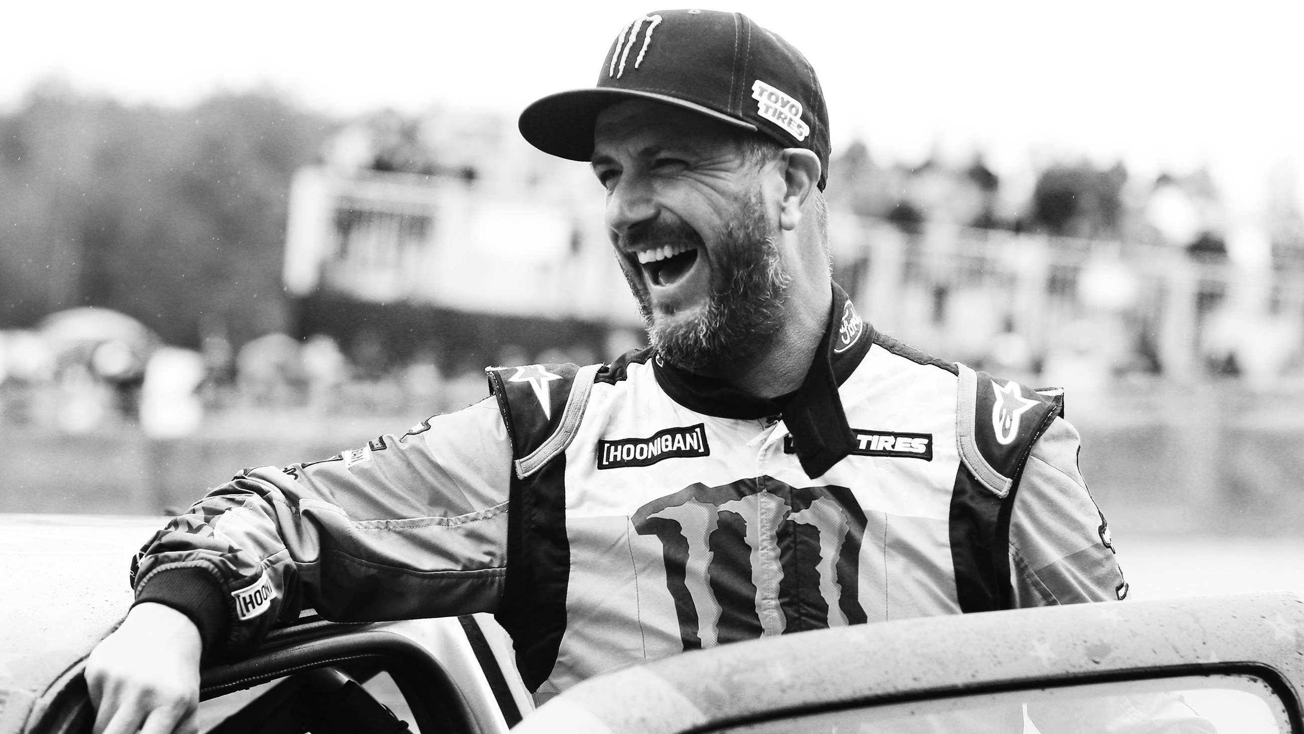 Ken Block mid-stage in a rally car at Catalunya 2018, McKlein photo from Goodwood tribute archive