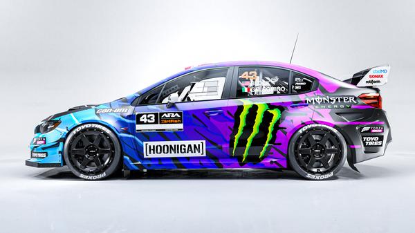 Ken Block in Subaru WRX STI rally livery, official Subaru media press photo