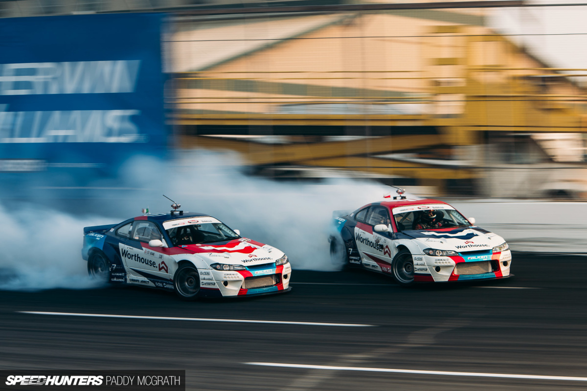 James Deane mid-drift in the Worthouse Falken Nissan Silvia S15 at Formula Drift Seattle 2017