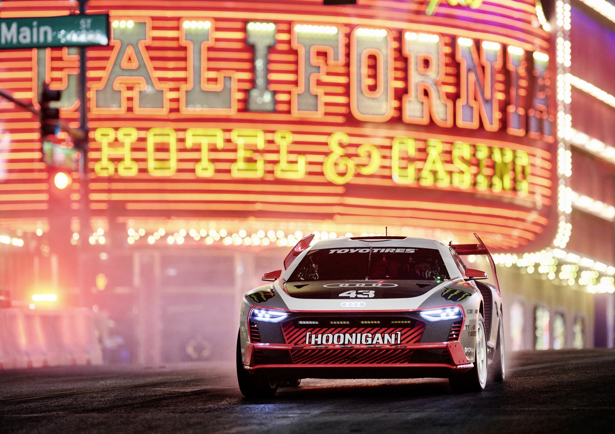 Ken Block in the Audi S1 Hoonitron on Fremont Street, Las Vegas, Electrikhana 2022