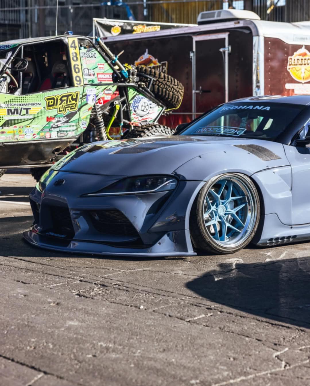Pandem A90 GR Supra widebody build, low-stance event presentation