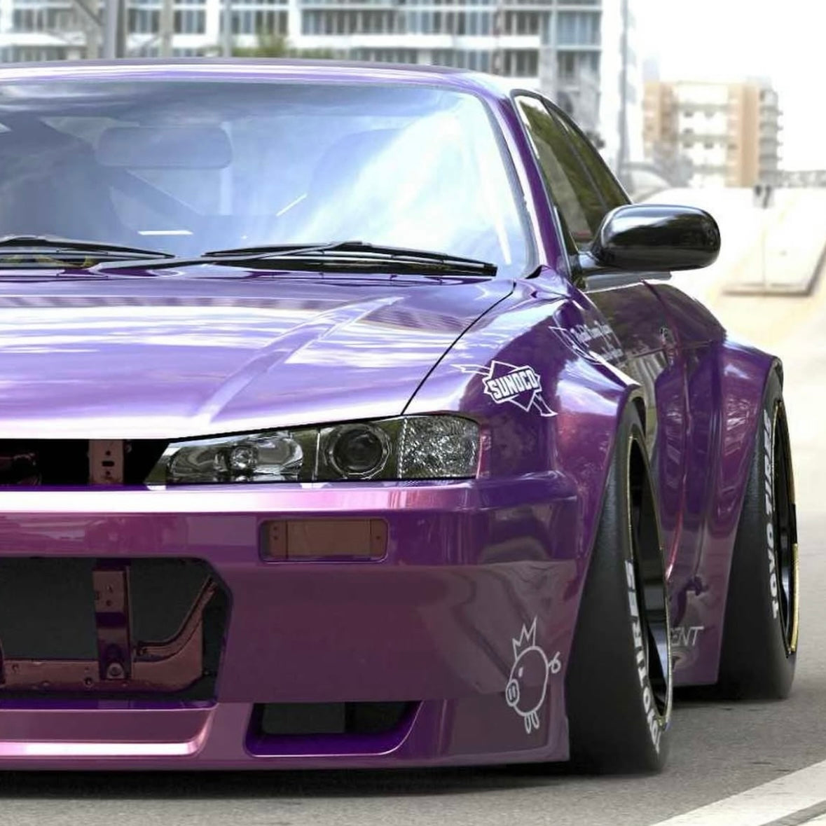Purple Rocket Bunny V3 Kouki S14 with riveted overfenders and Toyo Tires livery